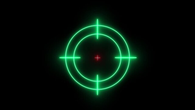 Glowing green neon crosshair target reticle with red center aim point on black background, motion sniper scope