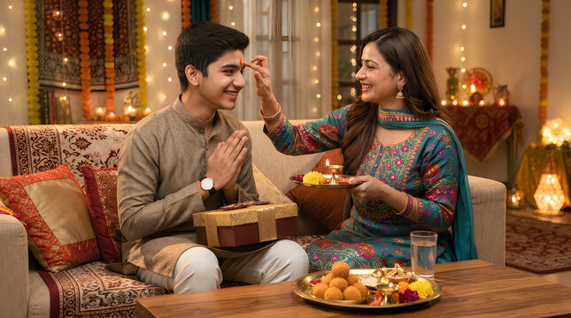 Indian sister applying tilak to her brother during raksha bandhan festival celebration at home with traditional sweets and festive lights in the background