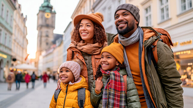 Happy family with two children exploring historic city street during autumn vacation, enjoying travel, sightseeing and quality time together