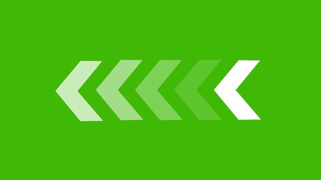 Animated left-pointing chevrons on green screen, sequential directional arrow markers for ui ux arrows