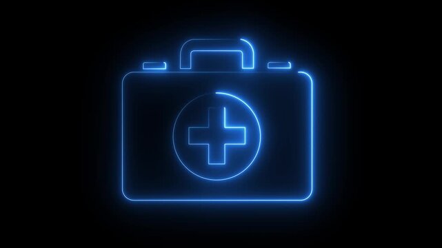 First aid kit icon in blue, medical emergency box symbol, healthcare and safety equipment sign, vector illustration isolated on black background, 4k animated stock video