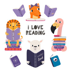 Fototapeta premium Cute animals reading books illustration isolated. Friendly playful cartoon characters. Whimsical kid, nursery print design, clip art element. Hand drawn vector. Back to school, education, library