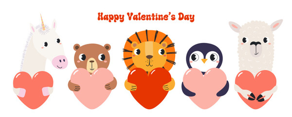 Fototapeta premium Cute animals with hearts for Valentines day illustration isolated. Friendly playful cartoon characters. Whimsical kid, nursery print design, clip art element. Hand drawn vector. Love and friendship