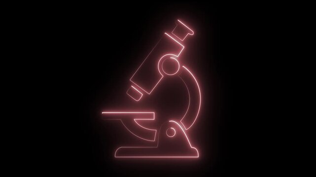 Glowing neon microscope icon on black background and very colurfull animation.