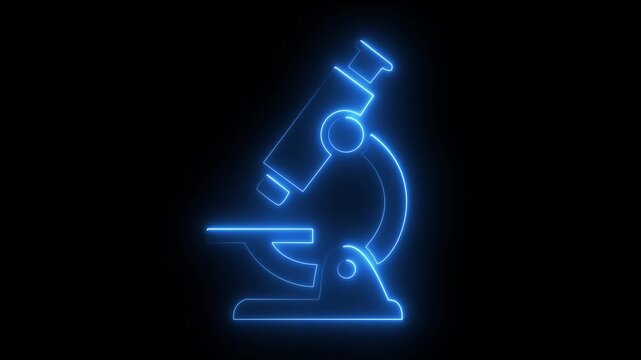 Neon microscope icon for science and laboratory research. Glowing microscope symbol representing biology, medical technology and scientific icon on black background