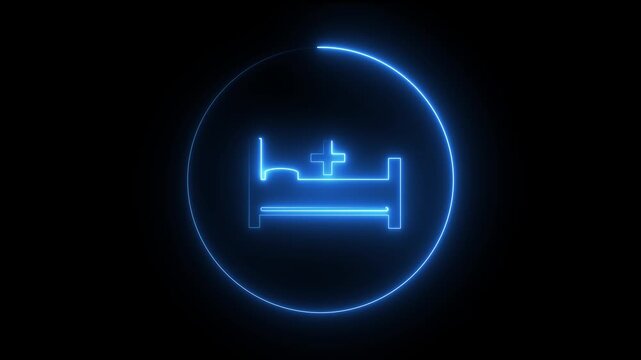 Hospital bed icon depicting patient care process for medical recovery and healthcare facility.Colorful lighting hospital bed centered black background.