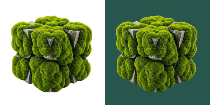 3D render of a geometric cube block covered with soft green moss and stone
