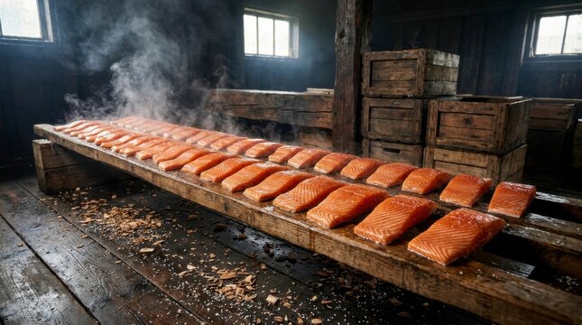 Rows of fresh salmon fillets smoking on a wooden rack in a rustic, dark smokehouse with steam rising, showcasing traditional fish processing, concept of traditional food preparation and preservation