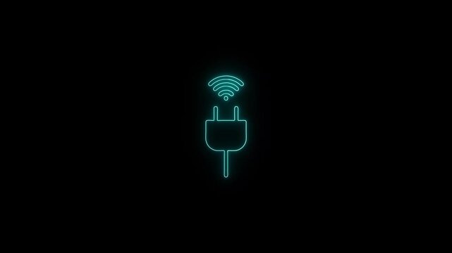 Glowing neon electric plug icon with wireless signal symbol for smart