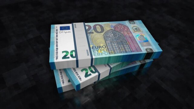 European money Euro pile pack. Concept background of economy, banking, business, crisis, recession, debt and finance. EU 20 EUR banknotes stacks 3d animation.