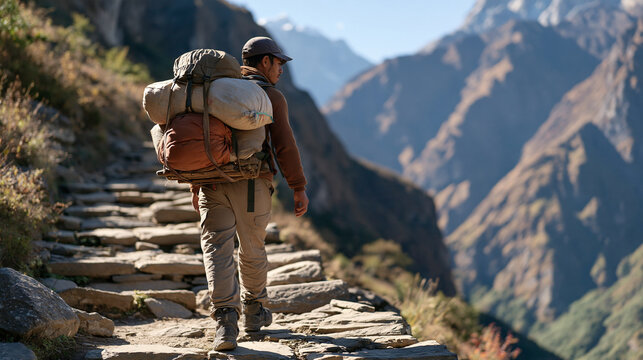 An Uttarakhand mountain porter carries heavy supply loads up a steep Himalayan trail, trekking route support, altitude labor, high-altitude logistics, expedition support economy,