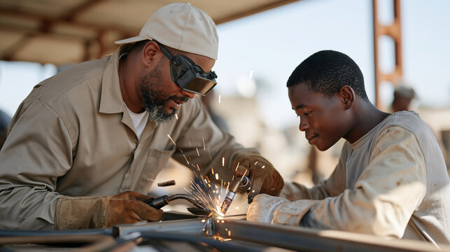 A welder from an overseas volunteer skills program teaches a teenage Malawian apprentice at an outdoor workshop, vocational training initiative, trade skills transfer, African