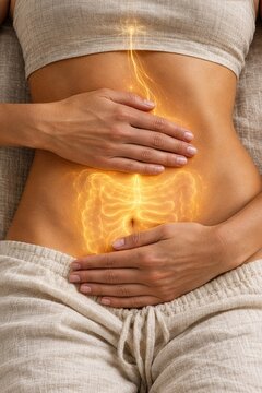 The woman's hands rest flat against her navel; a metaphorical, inner warmth is visible beneath the skin&mdash;a golden glow symbolizing the activity of the gut-brain axis and the soothing of the nervous sys
