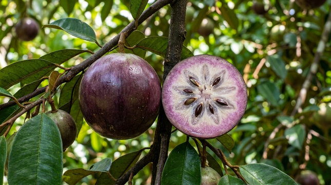 Ripe Star Apple Fruit Hanging on Tree Branch One Cut Open Revealing Edible Pulp and Seeds