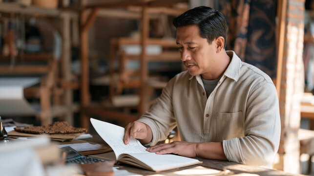 Indonesian batik craftsman at his workshop table comparing two microfinance loan options for equipment purchase, repayment burden calculation written in a composition book, looms