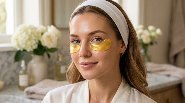 Young woman with golden under eye patches and white headband in bathroom skincare routine concept