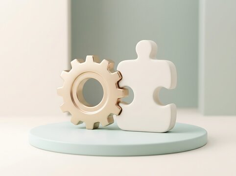 Cogwheel fitting into puzzle piece symbolizing problem solving and