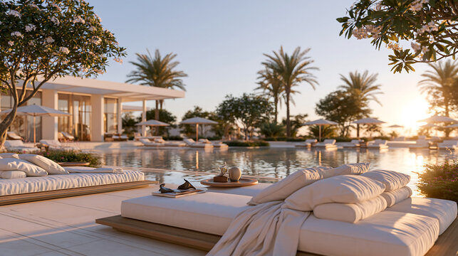 luxury resort with an elegant swimming pool and cozy lounge chairs under olive trees at sunset showing a perfect mediterranean holiday and high end hotel experience
