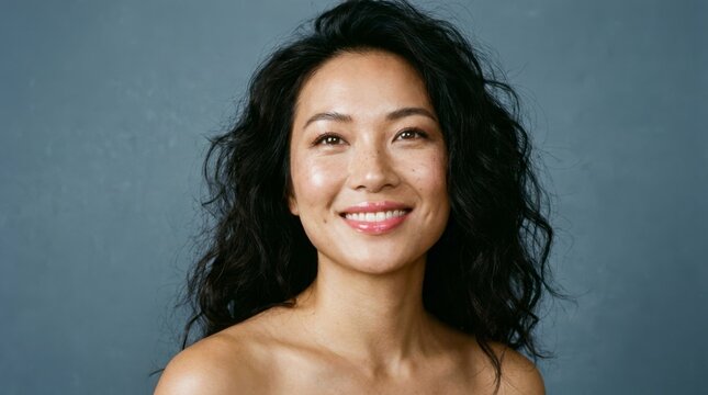 Smiling Asian Woman with Wavy Dark Hair and Bare Shoulders Posing Against a Solid Gray Background, concept of natural beauty and happiness