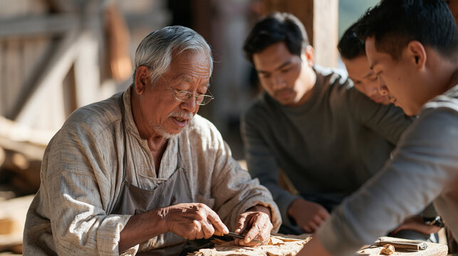 A Nagaland tribal elder demonstrates traditional wood carving technique to younger men at a community center, generational skill transfer, northeastern India heritage, indigenous