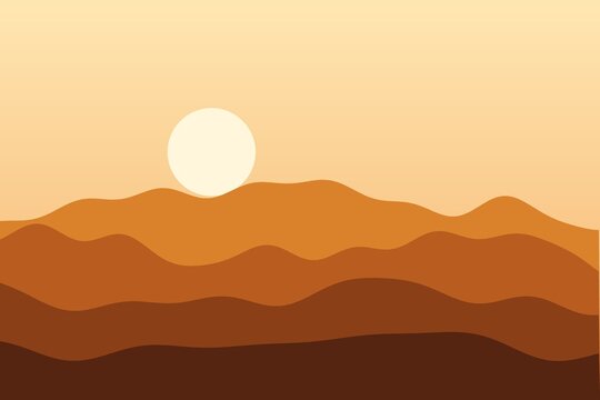Flat hills landscape at warm autumn sunset, minimal vector style