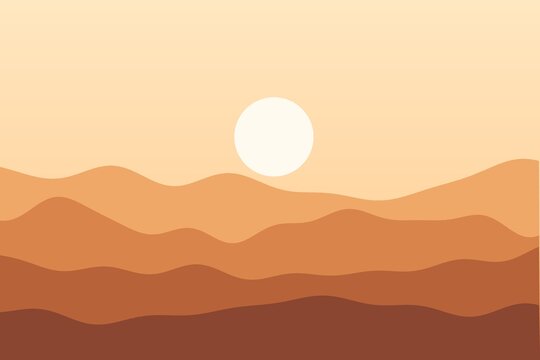 Flat hills landscape at desert sunset, minimal vector style