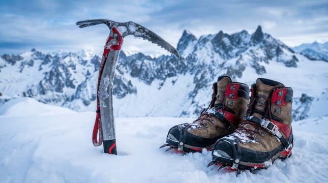 Mountaineering ice axe stands planted in snow beside sturdy climbing boots fitted with sharp crampons against rugged alpine peaks. Technical mountaineering gear rests on high mountain summit.