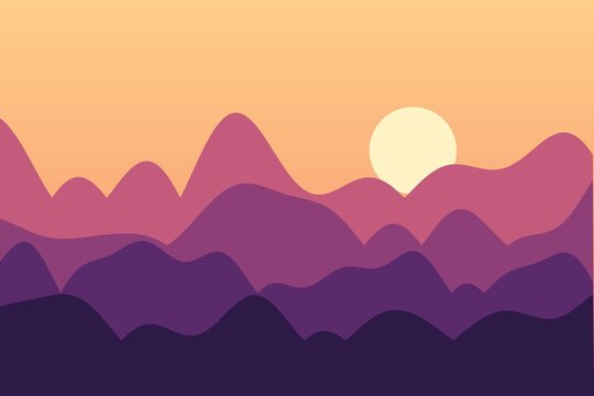 Flat mountain landscape at orange and purple sunset, minimal vector style
