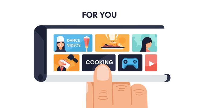 Modern Hand Using Futuristic Rollable Smartphone with Personalized Content Feed and Social Media UI Recommendation Engine