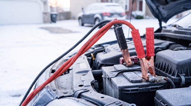 Jumper Cables Connected To Car Battery For Emergency Winter Cold Start And Roadside Preparedness