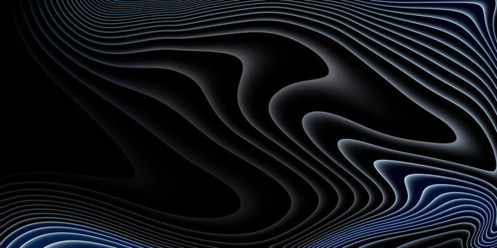 Dark abstract contour wave background with flowing silver and blue lines, futuristic topographic curves, smooth dimensional texture, premium technology backdrop for branding, banners and presentations