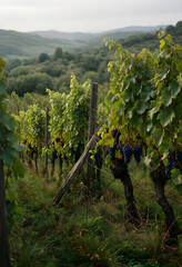 Naklejka premium Grapevines with ripe grapes in hilly vineyard landscape