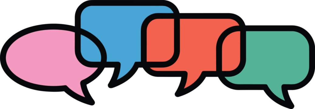 A series of overlapping colorful speech bubbles with thick black outlines