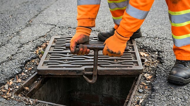 Worker in orange safety gear lifts heavy metal manhole cover on cracked asphalt road during daytime