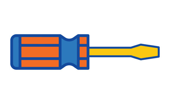 Flat vector illustration of a screwdriver with a yellow shaft and orange handle