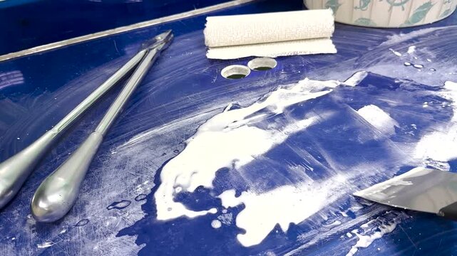 Cleaning plaster table after applying plaster cast bandage in clinic