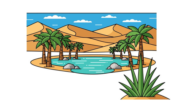 Desert oasis vector illustration with palm trees and aloe vera