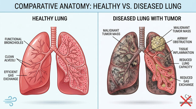 Healthy vs Diseased Lung Anatomy Comparison Clean vs Tumor Affected Respiratory System