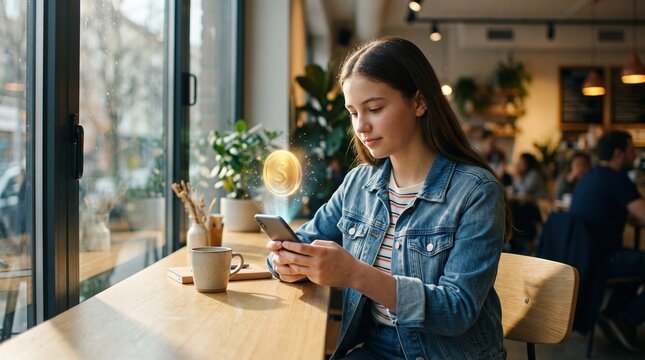 Teenage Girl Using Gamified Budgeting App in Cafe