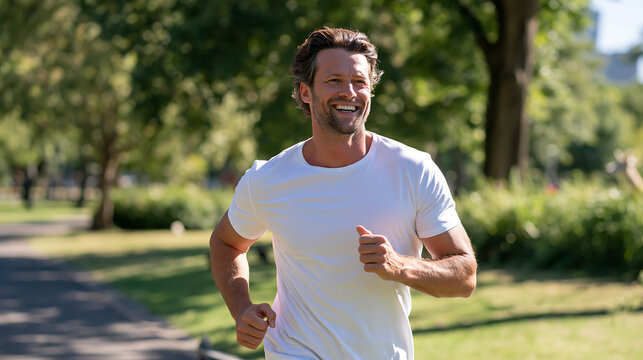 smiling curly haired guy running along a park path in a blue t shirt cardio workout and active lifestyle motivation idea photograph with soft light and shadows