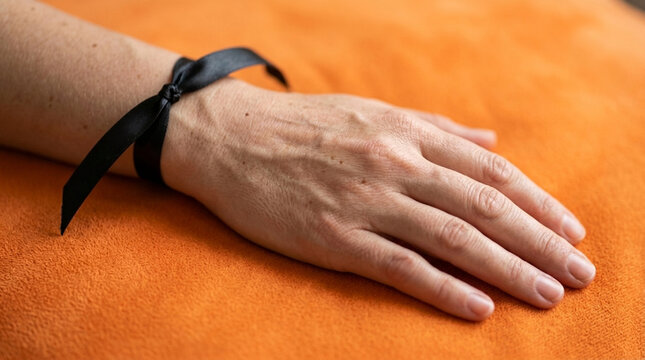 Hand Tied with Black Ribbon Symbolizing Restriction or Gift Concept