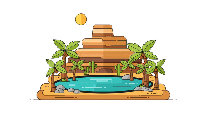 Desert oasis with palm trees and rock formation vector illustration