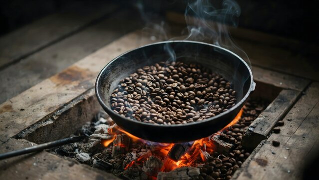 Coffee beans roasting in a pan over open flame for fresh brewed coffee