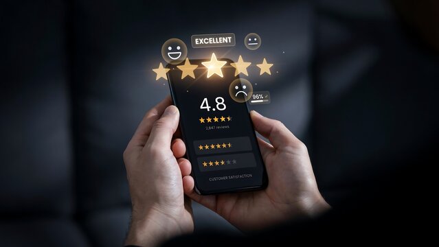 Customer Review Five Star Rating Concept, User Feedback Survey on Smartphone, Service Quality Evaluation Interface