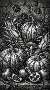 Vintage monochrome autumn harvest still life engraving with speckled pumpkins pomegranates and black roses