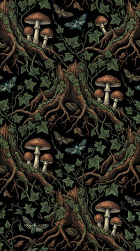 Seamless gothic forest pattern with poisonous amanita mushrooms and death moths