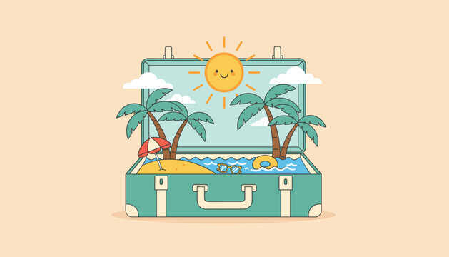Travel and vacation summer concept with an open suitcase containing beach elements like palm trees a sun and a floating ring.