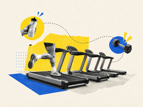 Legs of a man running on a gym treadmill, water bottle and dumbbell linked by dashed lines. Hydration, cardio and strength training in paper collage