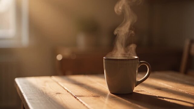 Slow motion of steam rising from a cup of hot tea on wooden table in warm morning sunlight