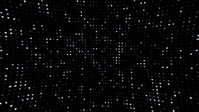 Bright shiny white LED video wall background, glowing white digital dots. white blurred or softy bokeh dots neon lights, surface an visual representation or grid pattern against a dark. 4k video